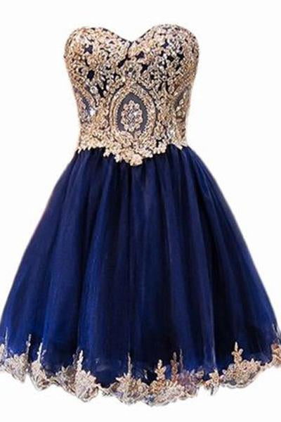 A Line Short Blue Gold Lace Appliques ...